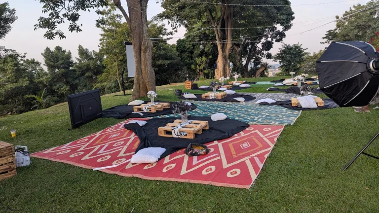 Outdoor event setup with rugs, low tables and lights on a grassy lawn