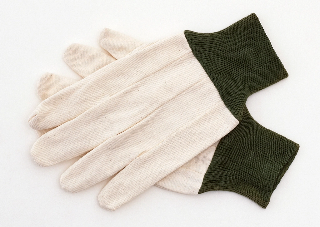 A pair of canvas work gloves with green cuffs on a white background