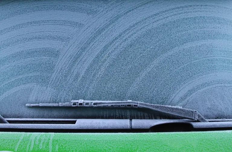 Close-up of a car windshield and wiper blade covered in frost