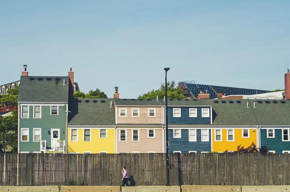 Row of colorful houses on a residential street