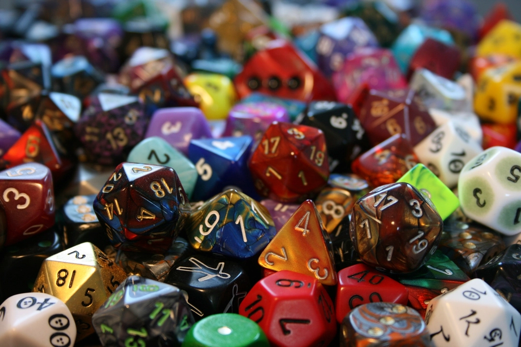 Pile of colorful polyhedral dice for tabletop role-playing games