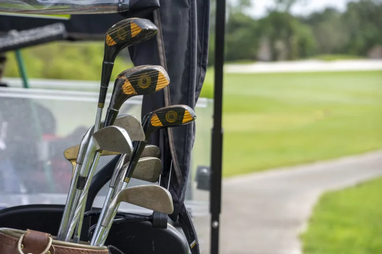 Golf clubs in a bag on the back of a golf cart