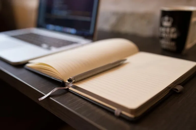 Open notebook and pen in front of a laptop on a dark desk