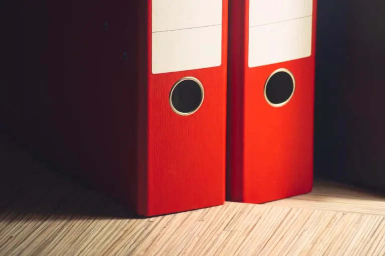 Two red office binders standing on a wooden floor, representing business license paperwork