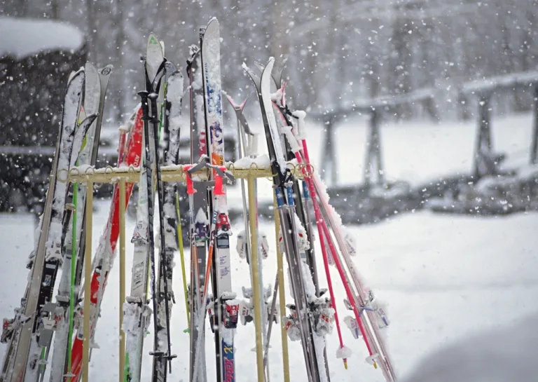 Skis and poles standing in a rack in falling snow