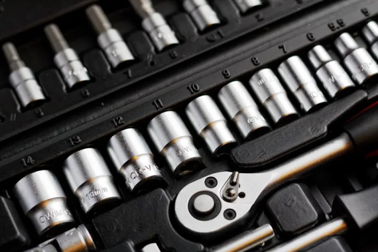 Socket wrench set laid out in its case