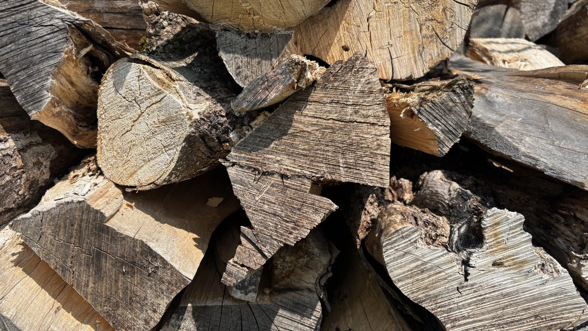 Close-up of split firewood stacked in a pile